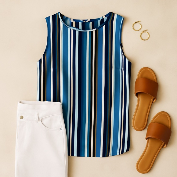 LOFT Outlet Stripe Sleeveless Blouse Blue Green Scoop Neck Tank Top NWT Size M - Picture 2 of 11